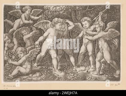 Putti spielen, Meister der Würfel, nach giovanni martini, nach rafaël drucken 1602 acht Putti in einem bewaldeten Gebiet. In der Mitte ist ein Putto, der eine runde Frucht gegen sein Gesicht hält. Auf der rechten Seite hält ein Putto einen Pfeil in der Luft. Papierstich-Cupiden: 'amores', 'amoretti', 'Putti'. archers Waffen: Pfeil. Obst Stockfoto