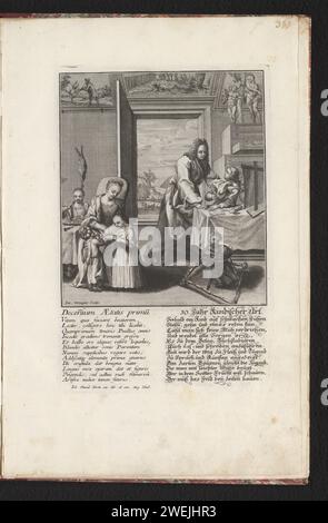 Mann im Alter von zehn, ca. 1725 - ca. 1730 Abdruck in einer Abreise links eine Mutter mit zwei Kindern, deren eines lesen lernt. Hinter ihnen ein führendes Mädchen. Rechts der Vater mit einem Jungen, der an einem Tisch mit einem Kruzifix steht. Vor einem Kind in einem Laufregal. Durch die Tür in einem Garten. Mit Gedichten in lateinischer und deutscher Sprache. Dieser Ausdruck ist Teil eines Albums. Papiergravur / Ätzung 0-10 Jahre. Aufgaben von Kindern - AA - Mädchen. (Andere Formen von) Nadelarbeiten, z. B.: Häkeln, Stricken, Sticken. Arbeitsgeräte zum Erlernen von Gehen und Go-Kart. Distaff. Messwert Stockfoto