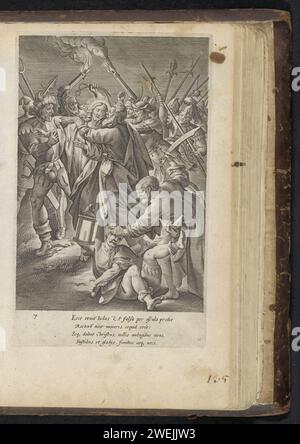 Judaskus und Verhaftung Christi, Antonie Wierix (II), nach Maerten de Vos, 1646 Druck Judas küsst Christus auf die Wange. Die Soldaten umzingeln ihn und verhaften ihn. Peter ist dabei, Malchus das Ohr abzuschneiden. Unter der Show eine vierzeilige Strophe in lateinischer Sprache. Unten rechts stehen die Buchstaben cc. Dieser Ausdruck ist Teil eines Albums. Der Kuss des Judas: Begleitet von Soldaten mit Fackeln und Laternen, küsst er Christus. Peter zieht sein Schwert und schneidet Malchus das Ohr ab Stockfoto