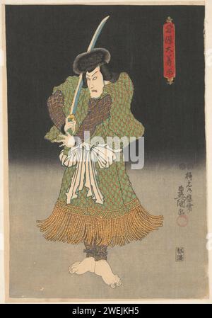 Schauspieler barfuß und mit Schwert, utagawa kunisada (i), 1847 gedruckte Nachtszene eines Mannes barfuß, wilde Frisur und Schwert aufrecht in der rechten Hand. Dies ist eine Szene aus dem Kabuki-Stück Motomishi Hana Otogi Heike, in dem der Schauspieler Ichikawa Danjurô VIII. In der Rolle der Akugenta Yoshihira dargestellt wird. Rechtes Blatt eines Vierteiles. Papierfarbe Holzschnitt Schauspieler (auf der Bühne). Hacker- und Schubwaffen: Schwert Stockfoto