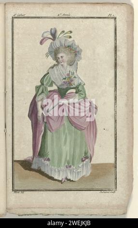 Laden neuer französischer und englischer Modi, 20. Dezember 1786, 2. Jahr, 4. Notizbuch, pl. 1786 Engländerin in Hofjapon. Körper aus grünem Satin und 'mante' aus rosa Satin. Hut mit Blumen und Federn. Fichu und Blumenkorsage. Lüfter in der Hand. Der Druck ist Teil des 4. Cahier aus Magasin des Modes Nouvelles Francaises et Anglaises. Die Serie besteht aus 172 Modedrucken, die von Buisson, Paris, 20. November 1786 bis 21. Décembre 1789 veröffentlicht wurden. Papiergravur von Modetafeln. Kleid, Kleid: Kleid oder Kleid (+ Damenkleidung). Fan (+ Damenkleidung). Corsage (+ Damenkleidung). Stockfoto