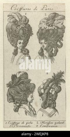 Coëffures de Paris, 1778-1780: Vier Damenfrisuren, 1778-1780 vier verschiedene Damenfrisuren aus Paris in einem Rahmen, nummeriert eins bis vier: 1. Ceffage de Gala. 2. Herisson Galant. 3. Promenade. 4. Unternehmen. Der Druck ist Teil des Almanak Coëffures de Paris, 1778–1780. Papierätzplatten. Friseurstile - AA -  Frauen. Nackenbekleidung  Kleidung (+ Damenbekleidung). Kalender, Almanach. Kopfbedeckung (+ Damenkleidung) Stockfoto