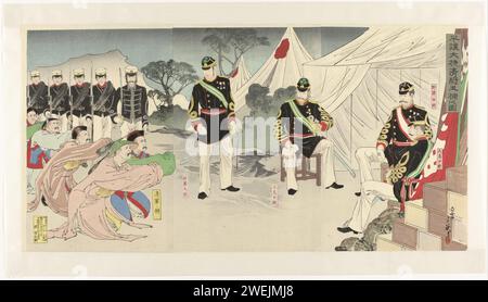 Lebendig Gefangener chinesischer General beim Sieg von Pjöngjang, drucken 1894 fünf chinesische Generäle gehen auf die Knie für die vier wichtigsten Figuren in der Schlacht von Pjöngjang. Von links nach rechts: Oberst Satô, Generalmajor Tatsumi, Generalleutnant Nozu und General ôshima. Am 16. September 1894 ergaben sich die Chinesen in Pjöngjang während des Ersten Chinesisch-Japanischen Krieges (1894–1895) der japanischen Armee. Papierfarbe Holzschnitt / Polierlager (Militär) mit Zelten. Kniet auf beiden Knien. Kapitulation  Krieg Pjöngjang Stockfoto