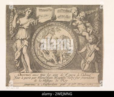 Cadmus tötet de Draak, Gerard de Lairesse, 1682 Druck Cadmus tötet den Drachen, der seine Gefährten gefressen hat. Die mythologische Darstellung ist in einer medaillonförmigen Liste enthalten. Links davon zeigt eine Frau mit einer Pfeife auf Noten über der Liste. Auf der rechten Seite spielen drei Putten verschiedene Instrumente. Am unteren Rand des Abdrucks befindet sich eine dreiseitige Beschriftung in französischer Sprache. Cadmus tötet den Drachen. Cupiden: 'amores', 'amoretti', 'Putti'. Musikinstrumente; Gruppe von Musikinstrumenten Stockfoto