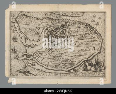 Karte der Insel Voorne und Karte von Brielle, 1572, Anonym, 1612 drucken Karte van den Briel, aufgenommen von de Watergeuzen am 1. April 1572. Blick auf die Insel Voorne mit der Stadt den Briel in einer knusprigen Perspektive. Zwei Kriegsschiffe und ein Fischerboot im Wasser. Papier graviert Karten von Städten Brielle Stockfoto