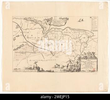 Karte von de Grietenij Kollumerland en NieuwkruIsland, 1718 Druck oben in der mittleren Titelkartusche mit der Waffe von Kollumerland und NieuwkruIsland daneben. In der Legende oben rechts. Unten rechts Cartouche mit administrativen Informationen über die Grietenij, darüber die Waffe von Grietman Jonker EPA von Aylva. Unten links eine Schüssel: Größe von 1200 Konings Ruten, ein gewöhnlicher uire Gaand Welker 2000 Maaken ein gewöhnlicher Duytze MYL von 15 Grad. Papiergravur/Ätzen von Karten von verschiedenen Ländern oder Regionen. Wappen (als Symbol des Staates usw.) Friesland. Kollumerland en Nieuwkruis Stockfoto