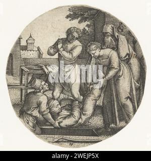 Mann und Frau beerdigten einen Toten, Georg Pencz, 1534 Druck Ein Mann und eine Frau senken einen in Leinwände gewickelten Leichnam (Leichnam Christi?). Zwei trauernde Figuren, die viele Ähnlichkeiten mit Johannes und Maria zeigen, sind am Grab. Papierstich, der die Toten begräbt, 'mortuus sepellitur'  eine der (sieben) Akte der Barmherzigkeit Stockfoto