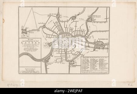 Karte der Belagerung von Leiden, 1573-1574, anonym, nach Joost Jansz. Bilhamer, 1752 drucken Karte von Leiden und die umgebende Sconse während der Belagerung von Leiden, 1573–1574. Rechts Leiderdorp. Unten rechts die Legende der Zahlen 1-49 in Niederländisch. Papiergravur von Stadtplänen. Belagerung, positionieren Sie den Krieg an der Spitze. Leiddorp Stockfoto
