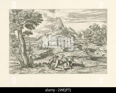 Berglandschaft mit Hingerspieler Valentin Lefèbvre, nach Domenico Campagnola, nach Tizian, 1682 Druck Berglandschaft mit einem bärtigen alten Mann im Vordergrund, der Musik mit einer Drehleier macht. Er sieht eine junge Frau an, die ihren Arm um seine Schulter gelegt hat. In der Ferne fließt ein Bach und Häuser. Der Druck ist Teil einer 53-teiligen Serie von Drucken zu Gemälden von Tizian und Veronese. Papiergravur von Landschaften mit Gewässern, Wasserlandschaften, Meereslandschaften (in der gemäßigten Zone). Drehleier - CC - draußen Stockfoto