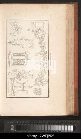 DIVERSE ORDERENTS, Cécile BeauValt, 1820 Ornament Print mit mittig zwei stehenden männlichen Figuren auf beiden Seiten eines Altars. Teil (XII. CAH. F.LE 5) des Prentalbums mit zwei Serien von insgesamt 138 Ornamentdrucken von Beauvallet und Normand, Fragmens d'Ortuens Dance le style antique. Papier-Ätzschmuck  Kunst. Stehende Figur. Skulptur, Reproduktion einer Skulptur. Altar  römische Religion Stockfoto