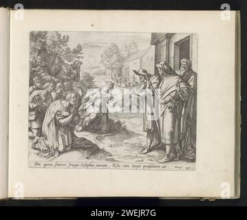 Jozefs Brüder knien für Jozef, Anonym, nachdem Michiel Coxie (I) 1585 zehn von Jozefs Brüdern nach Ägypten kamen, um Getreide zu kaufen. Joseph, der rechts mit einem Zepter in der Hand steht, wirft ihnen Spionage vor. Die Brüder versuchen, Joseph, den sie nicht als ihren Bruder erkennen, zu erklären, wer sie sind. Joseph lässt sie gehen, verlangt aber, dass sie mit ihrem jüngsten Bruder Benjamin zurückkommen. Im Hintergrund gibt es eine Reihe von Brüdern mit den Säcken mit Korn. Ganz im Hintergrund gehen sie mit ihren Eseln. Unter der Performance ein lateinischer Verweis auf Stockfoto