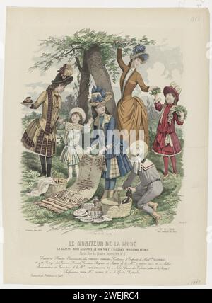 Der Mode-Monitor, 1888, Nr. 2450., Nr. 21: Seide und hohe Innovationen (...), 1888 Eine Gruppe von Kindern hält ein Picknick ab. Eine junge Frau und ein Mädchen pflücken seine Blätter von einem Baum. Ein Junge im Matrosenanzug bekommt eine Flasche aus einem Picknickkorb. Nach der Bildunterschrift: Kinderkleidung aus Delérablée. Unten einige Zeilen mit Werbetexten für verschiedene Produkte. Druck aus dem Modemagazin Le Monitor de la Mode (1843-1913). Papiergravur von Modetafeln. Kleidung, Kostüm (+ Mädchenkleidung). Kleidung, Kostüm (+ Jungenkleidung). Blumen pflücken (+ Variante). Picknick im Freien, 'déjeuner sur l'herbe' Stockfoto