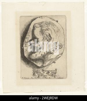 Porträt von Méryon als Skulptur im Relief ausgestellt, Félix Bracquemond, 1854 Druck Porträt des Künstlers Charles Méryon als Skulptur auf einem Reliefstein dargestellt. Unter dem Porträt ist eine Erklärung des Porträts in vier Zeilen Papierätzung Stockfoto