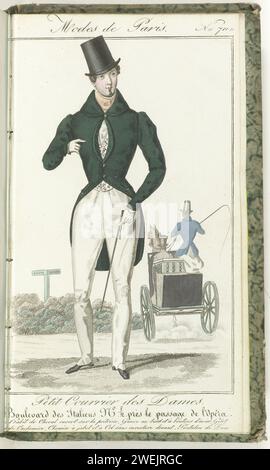 Kleine Post der Damen, 1830, nein 711: Pferdegewohnheit ..., 1830 stehender Mann in einem Rjkostume. Die Jacke ist auf der Brust offen und mit Stahlknoten oben und unten geschlossen. Carder von Kashmier. Hemd mit Jabot und Kragen ohne Öffnung vorne. Spinnhosen aus Suede. Schuhe mit quadratischen Nasen und Spuren. Im Hintergrund ein Fahrwagen mit zwei Männern, auf der Rückseite zu sehen. Druck aus dem Modemagazin Petit Courrier des Dames (1821-1868). Gebunden (mit einigen Seiten. Le Journal des Dames et des Modes). Januar 1827 bis 20. März 1830. Unvollständig. Papiergravur von Modetafeln. coa Stockfoto