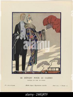 Eine Zeitung mit gutem Ton. Kunst - Modi & Frivolities: Abendattraktionen, George Barbier, 1923 Mann und Frau in Abendkleidung, für einen Besuch im Casino. Die Frau trägt einen Abendmantel mit einem Blumenmuster von WORTH mit Manschetten und einem Pelzkragen. Im Haar ein Diadem. In der rechten Hand eine große Auswahl an Federn. Der Mann trägt ein rokk-Kostüm und hat einen Gehstock und einen Hut in der Hand. Handschuhe. Ein Auto im Hintergrund. Planche 13 aus Gazette du Bon Ton 1923, Nr. 3. Papier Buchdruck, der Modeplatten druckt. Mantel (ABENDMANTEL) (+ Damenkleidung). Ensembles von Kleidungsstücken (EVE Stockfoto