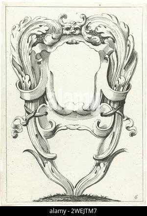 Blatt aus Serie mit Kartuschen, 1642 Druck Sechster Druck aus einer Serie von zwölf mit Kopien zu einer Serie mit Kartuschen. Doppelkartusche, die aus einem Berg hervorgeht und mit Bändern verziert ist. Die obere Kartusche wurde mit einer Maske mit Banderol zwischen den Zähnen ausgezeichnet. Papierätzung Ornament  Kartusche Stockfoto