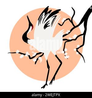 Handgezeichnete Illustration des japanischen Kranreiher Vogels auf pfirsichfarbenen Fuzz orange Sonne mit Sakura Blumen Zweig. Kunst asiatisches Natursymbol traditioneller Druck, Frühjahrsfest-Feierlichkeiten, ostorientalisches Vintage-Retro-Design Stockfoto