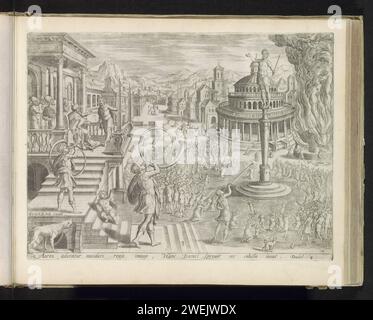 König Nebukadnessar und die Anbetung der goldenen Statue, Johannes oder Lucas van Doetechum, nach Hans Vredeman de Vries, 1585 Druck König Nebukadnessar hat eine goldene Statue errichten lassen und hat die Aufgabe gegeben, dass jeder sich nach dem Bild beugen sollte. Eine Menge beugt sich vor dem Bild im Klang der Trompete. Ein Mann sagt dem König, dass Sadrach, Mesach und Abednego sich weigern, sich zu verbeugen. Die drei Männer werden mitten im Hintergrund gefangen genommen. Ganz rechts wird ein Ofen angezündet, um jeden zu verbrennen, der sich nicht beugt. Unter dem zeigen Sie dann einen Verweis auf den Bibeltext in lateinischer Sprache. 3. Dies Stockfoto