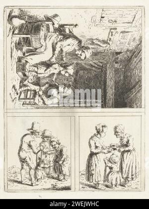 Drei Aufführungen des Familienlebens, Christina Chalon, 1758 - 1808 Print die Erstaufführung findet im Inneren eines Schlafzimmers statt. Eine Mutter hilft ihren Kindern mit der Morgentoilette. Sie schnürt das Kleid ihrer Tochter. In der Zwischenzeit zieht ihr Sohn seine Strümpfe an. In der zweiten Aufführung spricht eine junge Frau mit einer älteren Frau. Die jüngere Frau hat eine Pfanne in beiden Händen. Ein kleines Kind steht für sie. In der dritten Aufführung lernt ein alter Mann, ein Kleinkind durch eine Leine und ein Gurtzeug zu laufen. Mutter und Vater locken das Kind zu ihnen. Papier ätzt sich an, zieht sich an. Dressin Stockfoto