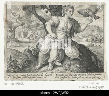 SENSE Feeling, Nicolaes de Bruyn, nach Maerten de Vos, 1581–1656 Printfrau als Personifikation des SENSE Feeling sitzend in der Landschaft mit Papagei an der Hand und Schildkröte auf dem Boden. Die Vertreibung von Adam und Eva aus dem Paradies wird im Hintergrund gezeigt. In Rand unter zwei Zeilen lateinisch. Papiergravurgefühl (einer der fünf Sinne). Ziervögel: Papagei. Schildkröten, Schildkröten. Vertreibung von Adam und Eva aus dem Paradies (1. Mose 3,22-24) Stockfoto