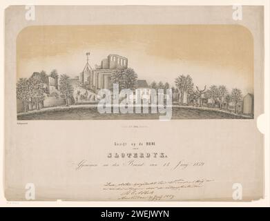 Blick auf die Ruine von Sloterdijk, M. van der lugt, 1859 Druck verbrannte Gebäude befinden sich auf einer Wiese. In der Mitte das Haus veritas, das verschont wurde. Papierruine eines Gebäudes  Architektur Sloterdijk Stockfoto