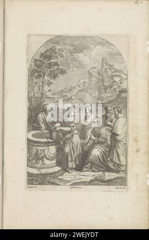 Christus und die Samaritanerin, 1660 drucken Christus sitzend und mit erhobenem Finger bittet die Samaritanerin um Trinkwasser an der Quelle Jakobs. Ein paar Schüler um sie herum und eine Stadt im Hintergrund, wahrscheinlich Sichar. Dieser Ausdruck ist Teil eines Albums. Christus und die Frau von Samaria: Sitzend am Brunnen Jakobs bittet er sie um einen Drink aus ihrem Krug Stockfoto