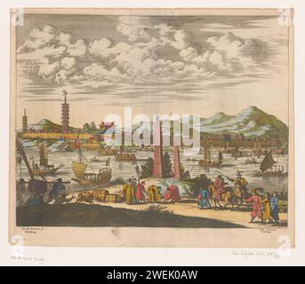 Blick auf eine Stadt in China, Anonym, John Ogilby, 1671 gedruckte chinesische Stadt, vom gegenüberliegenden Ufer aus gesehen. Figuren im Vordergrund und chinesische Segelschiffe auf dem Fluss. Unter dem Druck eine Inschrift in englischer Sprache (links): „In the Province of Tzietkiang“, und in niederländischer Sprache (rechts): „In the provintie tzietkiang“. Papiergravur Aussicht auf die Stadt, Stadtpanorama, Silhouette der Stadt. fluss China Stockfoto