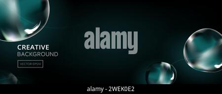 Futuristische grüne türkisfarbene fließende dynamische abstrakte Tropfen, die im dunklen Banner-Hintergrund mit Kopierraum schweben Stock Vektor