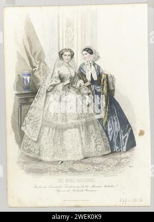 Les Modes Parisiennes, 1856, Nr. 677: Kleider, de Dentelles (...), 1856 zwei Frauen, einer von ihnen trägt ein Hochzeitskleid, in einem Innenraum. Unter der Performance einige Zeilen von Werbetexten für verschiedene Produkte. Druck aus dem Modemagazin Les Modes Parisiennes (1843-1885). Papiergravur von Modetafeln. Braut (im Hochzeitskleid). Kleid, Kleid (+ Spitze für Kleidung). Handschuhe, Fäustlinge usw. (+ Damenkleidung). Kopfbedeckung (+ Damenkleidung). Buch. Schleier (+ Damenkleidung). Blumen Stockfoto