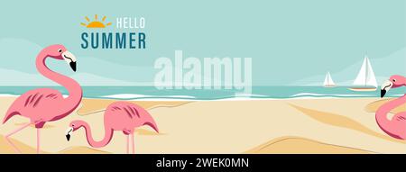 Sommer Strand Vektor Banner Hintergrund mit rosa Flamingo Vögel Stock Vektor