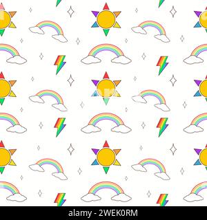 Nahtloses Muster mit Regenbogen, Wolken, Smiley-Gesicht Sonne und Donner auf weißem Hintergrund Stock Vektor