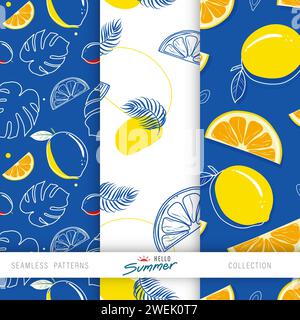 Zitrusfrucht Sommer nahtlose Muster Set Vektor Design Stock Vektor