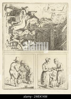 Drei Aufführungen des Familienlebens, Christina Chalon, 1758 - 1808 Print die Erstaufführung findet im Inneren eines Schlafzimmers statt. Eine Mutter hilft ihren Kindern mit der Morgentoilette. Sie schnürt das Kleid ihrer Tochter. In der Zwischenzeit zieht ihr Sohn seine Strümpfe an. In der zweiten Aufführung spricht eine junge Frau mit einer älteren Frau. Die jüngere Frau hat eine Pfanne in beiden Händen. Ein kleines Kind steht für sie. In der dritten Aufführung lernt ein alter Mann, ein Kleinkind durch eine Leine und ein Gurtzeug zu laufen. Mutter und Vater locken das Kind zu ihnen. Papier ätzt sich an, zieht sich an. Dressin Stockfoto