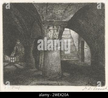 Keldervelf, Jacobus Ludovicus Cornet, 1825–1882 drucken das Kellergewölbe einer Burg, die auf schweren Säulen ruht. Im Hintergrund ein Mann mit einer Laterne. Papierätzkeller, Keller. Tresor  Architektur Stockfoto