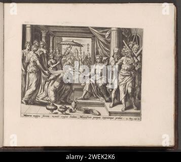 Salomo empfängt die Königin von Seba, 1579 Druck die Königin von Seba kniet für den Thron von Salomos. Hinter ihr ist ihr Gefolge. Geschenke werden im Vordergrund angezeigt. Unter der Show ist ein Hinweis auf den Bibeltext in 1 Kon in lateinischer Sprache zu sehen. 10. Print ist Teil eines Albums. Papierstich Salomo und die Königin von Saba (1 Könige 10:1-3; 2 Chroniken 9:1-9) Stockfoto