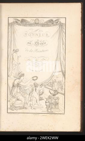 Allegorischer Titeldruck Pierre-Nicolas Beauvallet, allegorische Darstellung 1820. Minerva ehrt das Genie der Malerei, die den Vorhang wegzieht und das Gemälde „der Eid der Horatii“ von Jacques-Louis David sichtbar macht. Teil (1. CAH. F. 1st) des Prentalbums mit zwei Serien von insgesamt 138 Ornamentdrucken von Beauvallet und Normand, Fragmens d’ornens Dance le style antique. Papier Ätzen Ornamente  Kunst. „Genio“ (Ripa). Bild, Malen. Spezifische Aspekte, allegorische Aspekte von Minerva; Minerva als Patronin - Verehrung, geehrt von Stockfoto