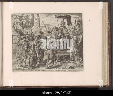 Sadrach, Mesach und Abednego vor König Nebukadnessar, 1579 drucken die drei Juden, die sich weigern, die goldene Statue anzubeten, müssen vor König Nebukadnessar erscheinen. Sie werden vor Soldaten gebracht. Nebukadnessar sitzt auf seinem Pferd und verhört die drei Männer. Unter der Aufführung ein erläuternder Text in lateinischer Sprache. Drucken ist Teil eines Albums. König Nebukadnezar nennt Schadrach, Mesach und Abed-Nego zur Rechenschaft, aber sie weigern sich, vor der goldenen Statue zu knien Stockfoto