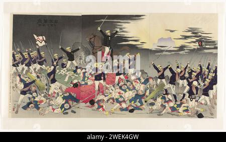 Es lebe Japan! Siegeslied in Pjöngjang, 1894 Druck Japanische Soldaten triumphieren ihren Sieg in Pjöngjang, stehend auf den Leichen koreanischer Soldaten. Am 16. September 1894 ergab sich die Stadt der japanischen Armee, dies geschah während des ersten Chinesisch-Japanischen Krieges (1894–1895). Papierfarbe Holzschnitt / Poliersieg  bewaffneter Konflikt. Militärfeiern in Pjöngjang Stockfoto