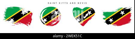 Saint Kitts und Nevis handgezeichnetes Flaggenset im Grunge-Stil. Banner in offiziellen Farben. Freier Pinsel, Kontur, Kreis- und Herzform. Flacher Vektor Stock Vektor