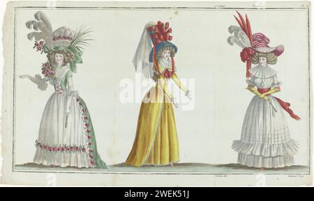 Das erste Modemagazin, 1787 links: Frau in einem Kleid aus grünem Satin, verziert mit Tüll und einer Rosengirlande. Mitte: Frau in einer orangen Rothingote und Rock. Hut aus blauem Satin. Rechts: Frau in einem Chemise aus reinem Mousseline mit doppelter falbala und breitem Gürtel. Auf dem Kopf ein „Chapeau à la chinoise“. Der Druck ist Teil des 2. Cahier, 3. Année aus Magasin des Modes Nouvelles Francaises et Anglaises. Die Serie besteht aus 172 Modedrucken, die von Buisson, Paris, 20. November 1786 bis 21. Décembre 1789 veröffentlicht wurden. Papiergravur von Modetafeln. Kleid, Kleid (+ Damenkleidung). Kleid, Kleid Stockfoto