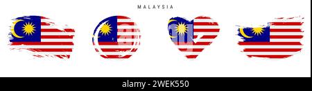 Malaysische handgezeichnete Flagge im Grunge-Stil. Malaysisches Banner in offiziellen Farben. Freier Pinsel, Kontur, Kreis- und Herzform. Flacher Vektor Abb. Stock Vektor