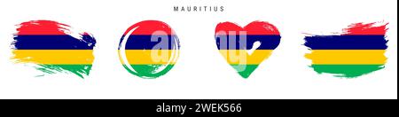 Mauritius handgezeichnete Flaggen im Grunge-Stil. Mauritische Banner in offiziellen Farben. Freier Pinsel, Kontur, Kreis- und Herzform. Flacher Vektor Stock Vektor