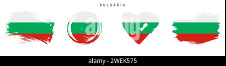 Bulgarien handgezeichnete Flaggen im Grunge-Stil-Symbol-Set. Bulgarisches Banner in offiziellen Farben. Freier Pinsel, Kontur, Kreis- und Herzform. Flacher Vektor Abb. Stock Vektor