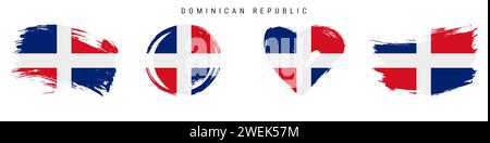 Dominikanische Republik handgezeichnetes Flaggenset im Grunge-Stil. Republica Dominicana Banner in offiziellen Farben. Freie Pinselstrichform, Kreis und Herzform Stock Vektor