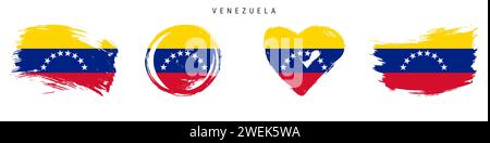 Venezuela handgezeichnete Flaggen im Grunge-Stil. Venezolanisches Banner in offiziellen Farben. Freier Pinsel, Kontur, Kreis- und Herzform. Flacher Vektor i Stock Vektor