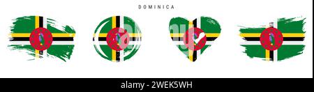 Dominica handgezeichnete Flaggen im Grunge-Stil. Dominikanisches Banner in offiziellen Farben. Freier Pinsel, Kontur, Kreis- und Herzform. Flacher Vektor Abb. Stock Vektor
