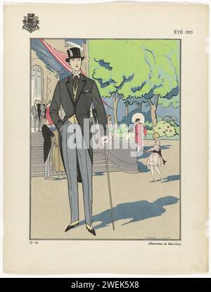 Sommer 1923, Nr. 53: Illustration von Marc-Luc, 1923 Mann im Jacquet auf gestreifter Hose ohne Abdeckung. Hoher Hut und Gehstock. Papiergravur von Modetafeln. Mantel (+ Herrenkleidung). Gehstock, Personal, Stock (+ Herrenkleidung). Nackenbekleidung  Kleidung (KRAWATTE) (+ Herrenbekleidung). Hosen, Hosen usw. (PANTALON) (+ Herrenkleidung) Stockfoto