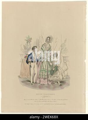 La Sylphide, Revue Parisienne, 1843, 8. Bd. Nr. 14: Wege der Kleider (...), 1843 Frau mit einem Mädchen und einem Jungen im Innenraum. Nach der Bildunterschrift: Kleider, die in der Art von potiev ausgeführt werden. Hut von Montel-Galy. Junge im Kostüm von Danautoy. Druck aus dem Modemagazin La Sylphide (1839-1885). Papiergravur von Modetafeln. Kleid, Kleid (+ Damenkleidung). Kopfbedeckung (+ Damenkleidung). Ärmel (+ Damenkleidung). Kleidung für den oberen Teil des Körpers (SCHAL) (+ Damenkleidung). Nackenbekleidung  Kleidung (+ Damenbekleidung). Kleidung, Kostüm (+ Mädchenkleidung). Kleidung, Kostüm (+ Jungen cl Stockfoto