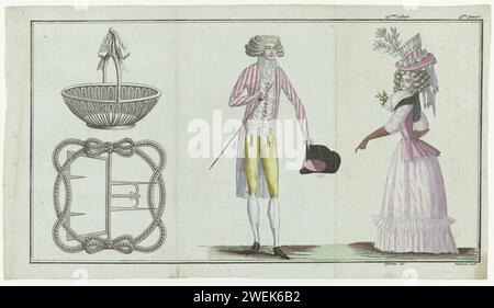 Das erste Modemagazin, 1789 von links nach rechts. Ovaler silberner Korb und Schnalle. Stehender junger Mann in einer rosa/weiß gestreiften „Gewohnheit“, einer bestickten Weste und einer gelben Kniestütze. In der linken Hand einen Hut und einen Gehstock in der rechten Hand. Stehende Frau in rosa „pierrot“ (Caraco) und einem weißen Rock mit Falbala. Fichu aus schwarzer Spitze und weißem Netz. Zubehör: Hut, Blumenapplikation, lange Handschuhe. Der Druck ist Teil des 19. Cahier, 4. Année aus dem Magasin des Modes Nouvelles Francaises et Anglaises. Die Serie besteht aus 172 Modedrucken, die von Buisson, Paris, Novemb, herausgegeben wurden Stockfoto
