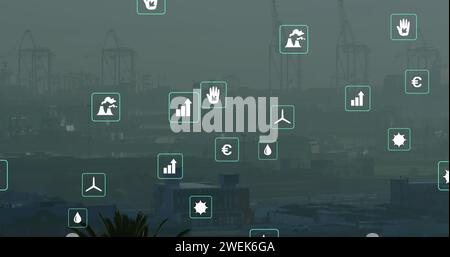 Bild von Ikonen über der Stadtlandschaft Stockfoto